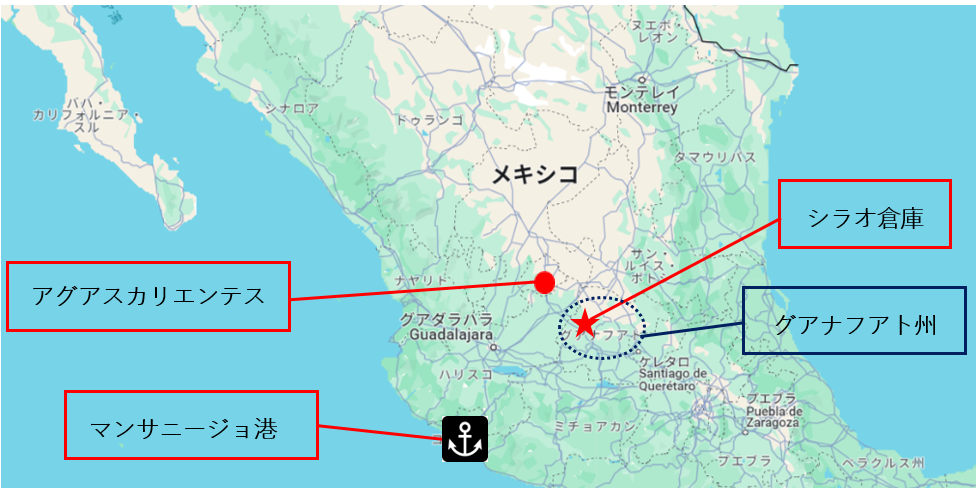 シラオ倉庫の立地を示す地図